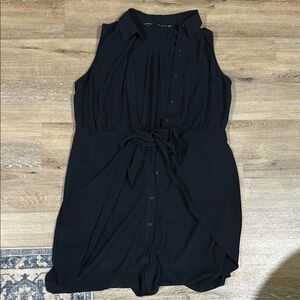 Elegant Black Sleeveless Dress - button up with tie belt